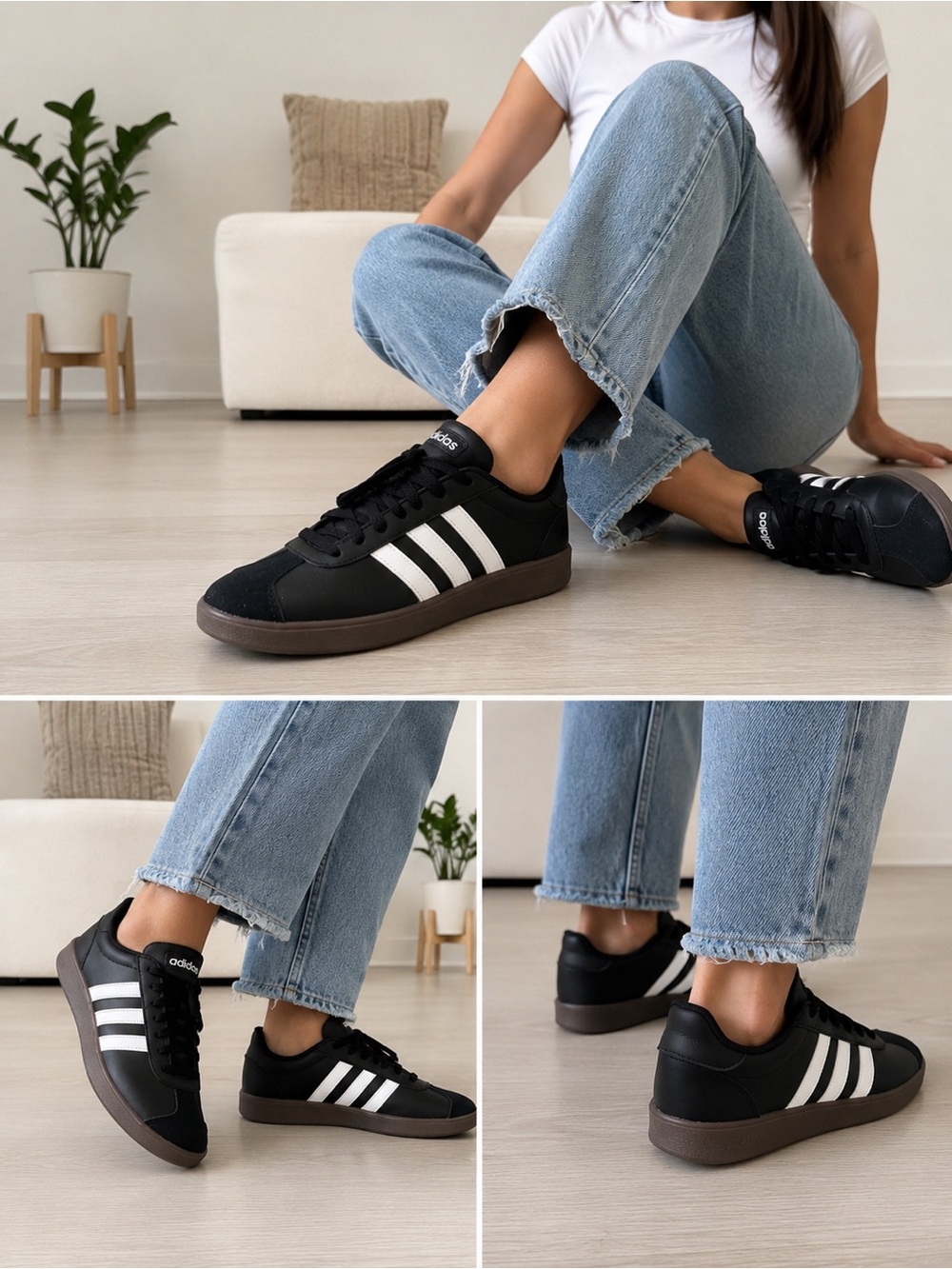 Adidas VL Court 3.0 K Low Top Sneakers Black White Women